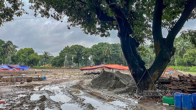 After the overthrow of the Awami League government, many exterior structures of the Ganabhaban were demolished. New structures are now being built for the July Memory Museum. Photo: Jasmin Moli
