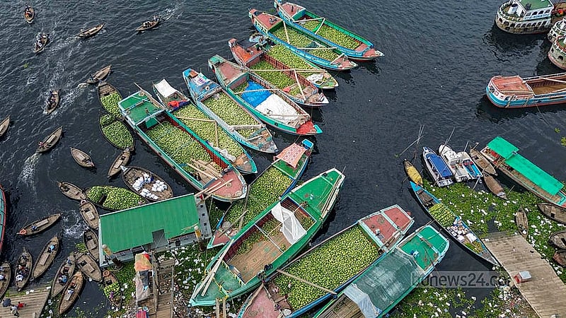 A row of trawlers laden with watermelons from Bangladesh’s southern districts can be seen at the Wiseghat Dock in Old Dhaka. Photo: Abdullah Al Momin