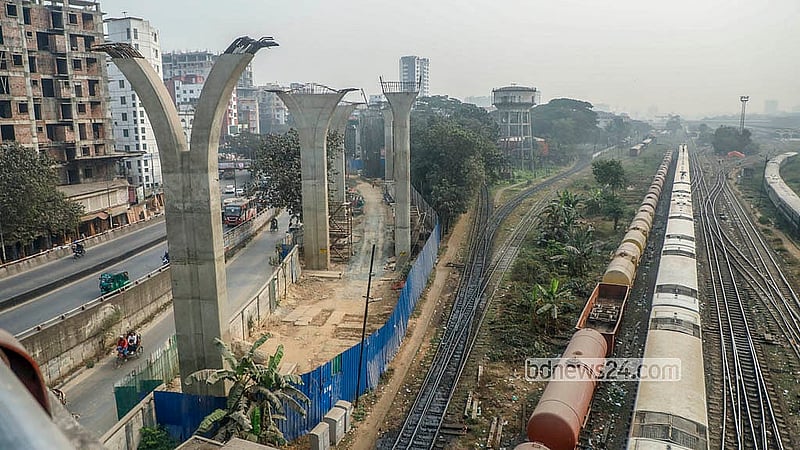 The Kamalapur section of the Dhaka Elevated Expressway is under construction, while work on the Karwan Bazar-Kutubkhali section was long delayed by legal issues. Photo: Abdullah Al Momin