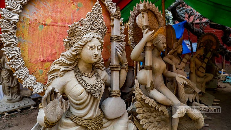 Clay takes form as potters craft Saraswati idols at Jagannath Hall, Dhaka University. Photo: Mahmud Zaman Ovi