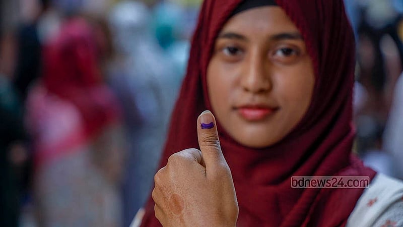 First-time voter Naushin Tabassum, a student of Mugda Medical College, casts her ballot at the Holy Crescent School and College centre in Dhaka's Banasree on Thursday, Feb 12, 2026. Photo: Mahmud Zaman Ovi