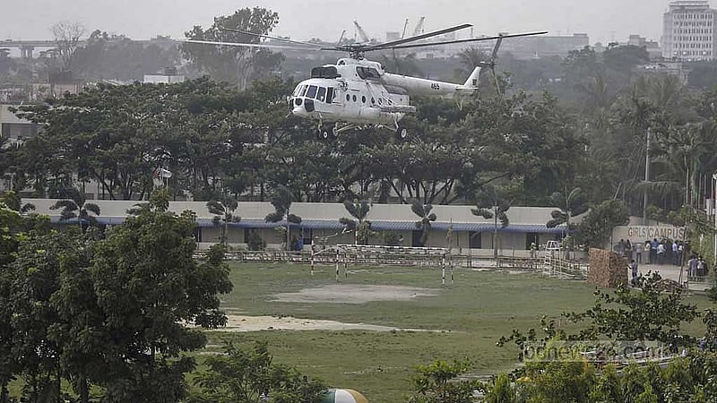 A victim is being airlifted from the crash site after a Bangladesh Air Force training jet went down in the Milestone School and College compound. Photo: Mahmud Zaman Ovi
