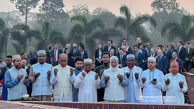 Shafiqur Rahman, chief of Jamaat-e-Islami and Leader of the Opposition in Parliament, pays tribute to martyrs at the National Memorial in Savar on Thursday, Mar 26, 2026.