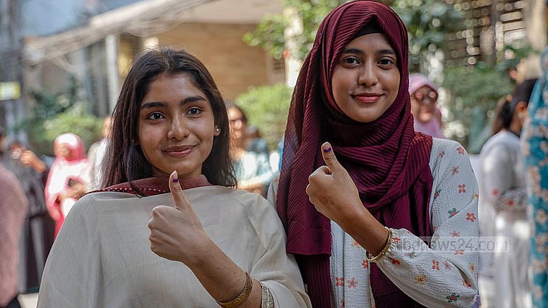 Young women voters express excitement after casting their ballots at the Holy Crescent School and College centre in Dhaka's Banasree on Thursday, Feb 12, 2026. Photo: Mahmud Zaman Ovi