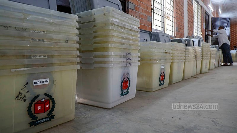 Ballot boxes are lines up at Azimpur Government Girls’ School and College in Dhaka on Monday, Feb 9, 2026, for use in the national election on Feb 12. Photo: Mahmud Zaman Ovi