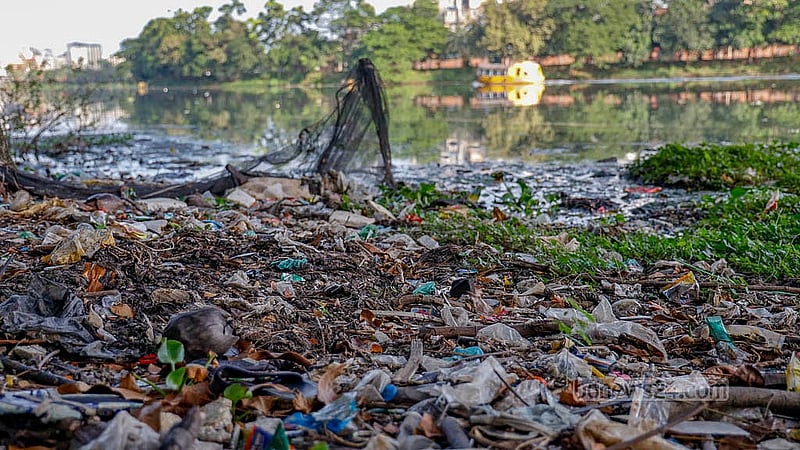 A staircase has been built in the Begunbari section of Hatirjheel in Tejgaon for visitors, but garbage has piled up right in front of it. Photo: Mahmud Zaman Ovi