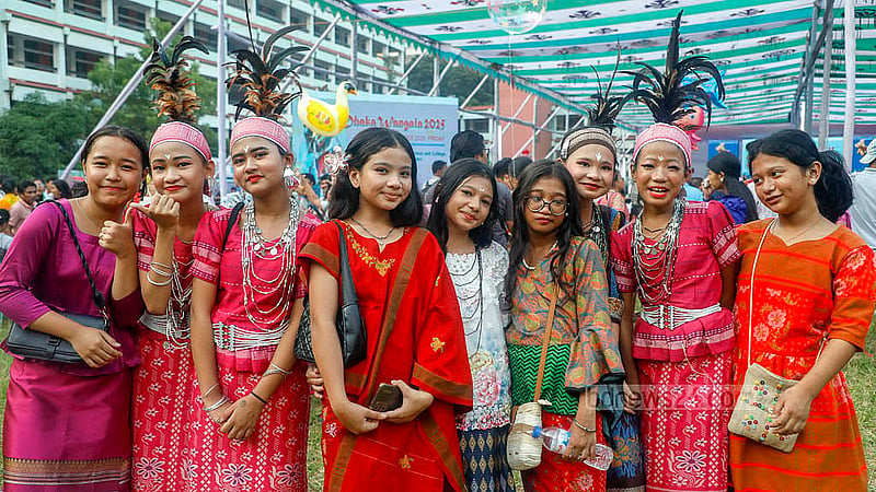 Young people dressed in traditional Garo attire at the Wangala festival on Friday, Oct 24, 2025, at the Banani Bidyaniketan School and College. Photo: Abdullah al Momin