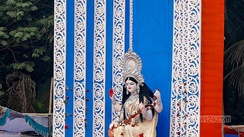 A pavilion on the grounds of the Jagannath Hall of Dhaka University on Friday, Jan 23, 2026, on the occasion of Saraswati Puja. Photo: Mahmud Zaman Ovi