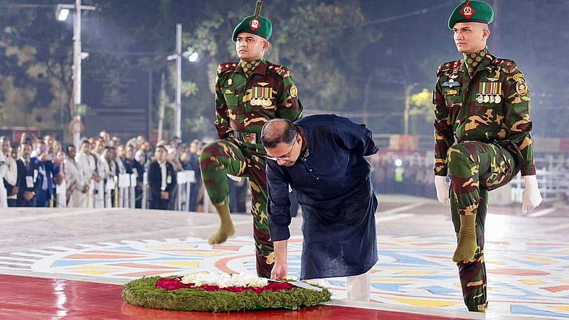 Prime Minister Tarique Rahman honours the language martyrs with a floral wreath at the Central Shaheed Minar in the first hours of International Mother Language Day.