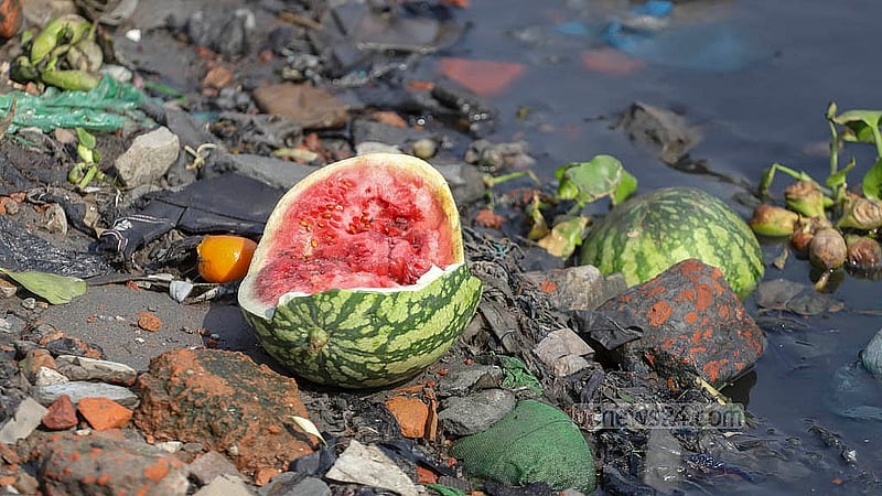 Watermelons damaged during their trawler trips have been dumped on the banks of the Buriganga River. Photo: Abdullah al Momin