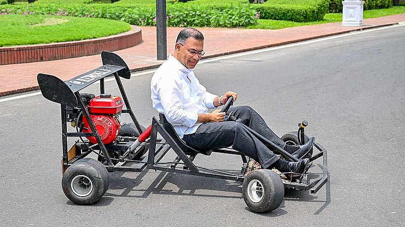 Prime Minister Tarique Rahman encourages college student Rezwan Rashid by driving a go-kart (racing car) built by him. The head of state drives the go-kart at the Tejgaon office premises on Saturday, Apr 25, 2026. Photo: PMO