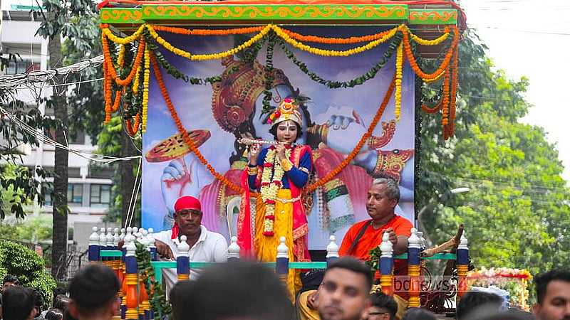 A child dressed as Krishna in the Janmashtami procession in Dhaka on Saturday, Aug 16, 2025. Photo: Abdullah Al Momin