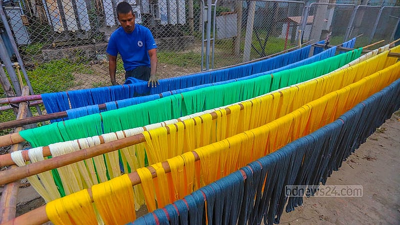 Threads are getting sun-dried after they got dyed at the Jamdani village in Narayanganj's Rupganj. Photo: Abdullah al Momin