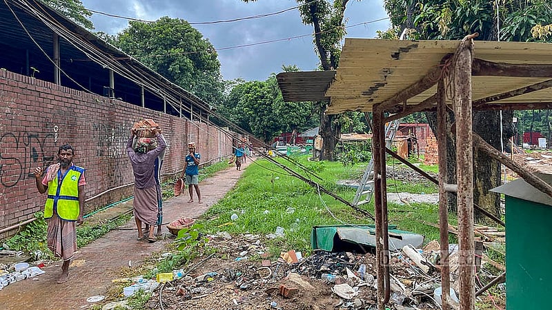 After the overthrow of the Awami League government, many exterior structures of the Ganabhaban were demolished. New structures are now being built for the July Memory Museum. Photo: Jasmin Moli
