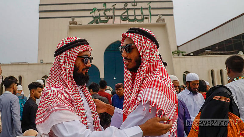 Muslim devotees exchange hugs and embraces after the first Eid-ul-Fitr prayer service at Baitul Mukarram National Mosque on Monday, Mar 31, 2025. Photo: Mahmud Zaman Ovi