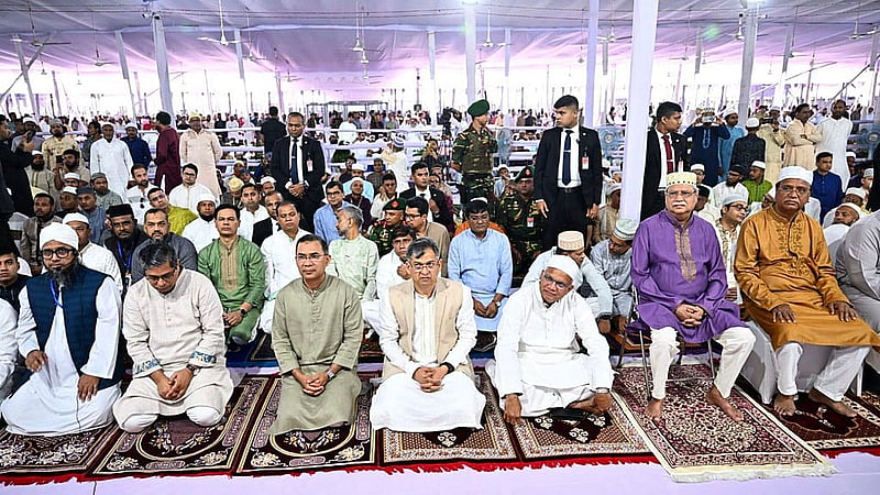 President Md Shahabuddin and Prime Minister Tarique Rahman take part in the main Eid-ul-Azha congregation at the National Eidgah on Thursday, May 28, 2026. Photo: PMO