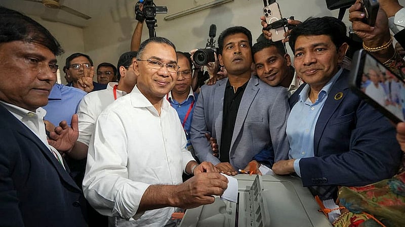 Tarique Rahman casts his ballot at the Gulshan Model High School and College polling centre on Thursday, Feb 12, 2026. Photo: BNP Media Cell
