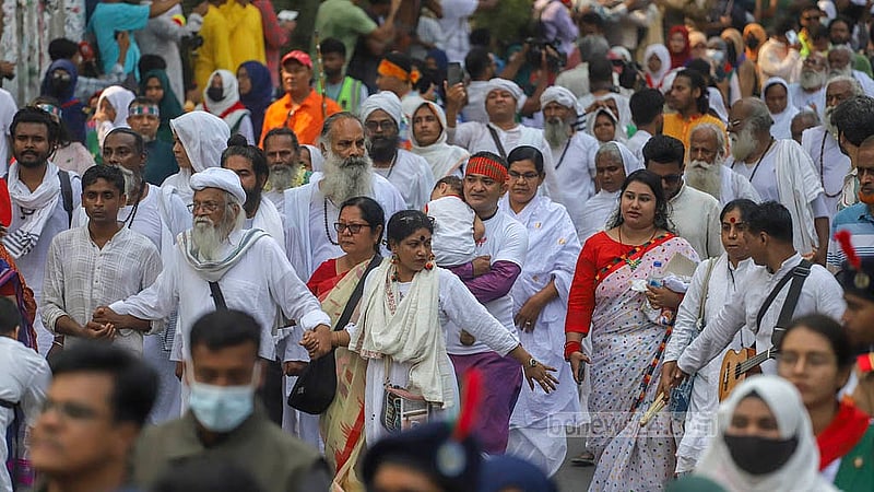 Teachers and students of Fine Arts, students from various educational institutions, members of cultural organisations, and people of all ages flock to the Ananda Shobhajatra on Monday, Apr 14, 2025. Photo: Abdullah Al Momin