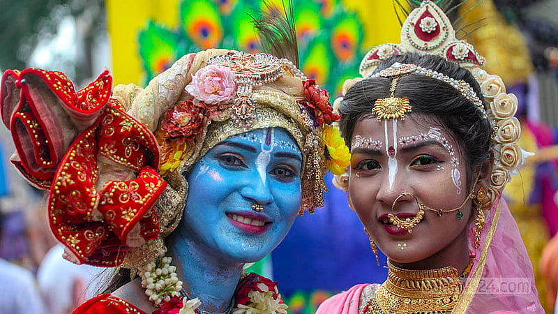 Two young women dressed as Radha and Krishna in the Janmashtami procession in Dhaka on Saturday, Aug 16, 2025. Photo: Abdullah Al Momin