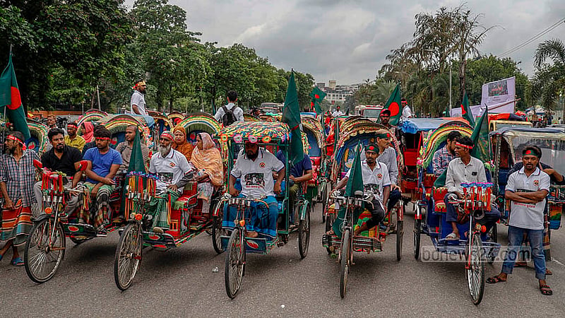 On Monday, Jul 14, 2025, the women and children affairs ministry organised a rickshaw rally joined by hundreds of battery-operated rickshaws on Dhaka’s Manik Mia Avenue, in memory of the July Uprising. Photo: Mahmud Zaman Ovi