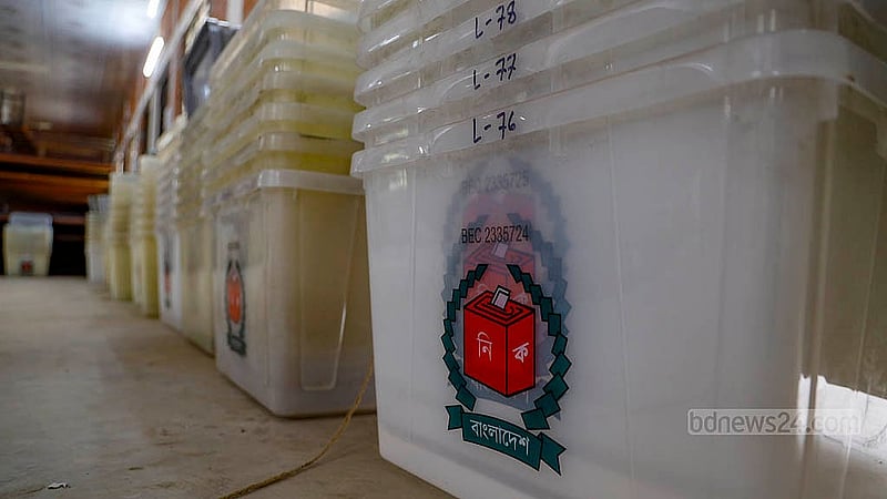 Ballot boxes are lines up at Azimpur Government Girls’ School and College in Dhaka on Monday, Feb 9, 2026, for use in the national election on Feb 12. Photo: Mahmud Zaman Ovi