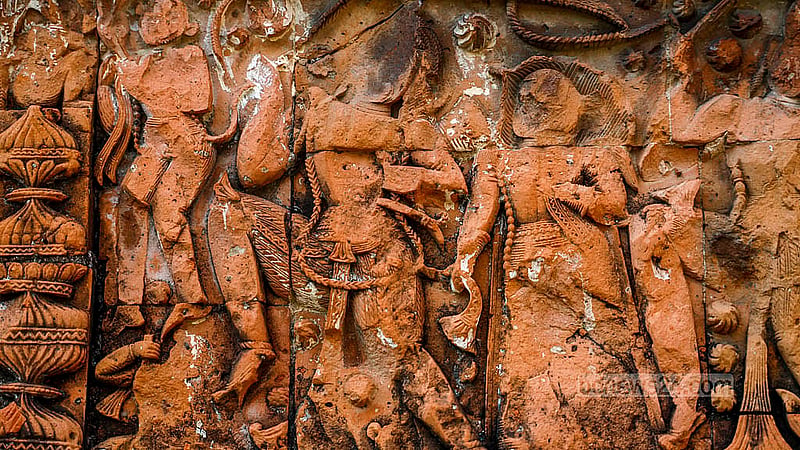 Boro Ahnik is one of the three temples of Charani Rajbari in Rajshahi’s Puthia. The terracotta designs on the building are slowly being lost as little maintenance is done on the structure. Photo: Mahmud Zaman Ovi