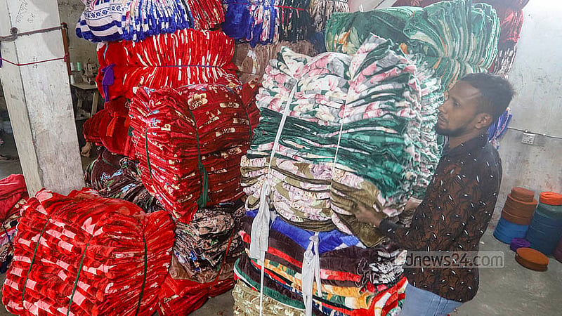 Varieties of blankets are on display at a factory. These blankets are sold wholesale for Tk 120 to Tk 1,200 apiece. Photo: Abdullah al Momin