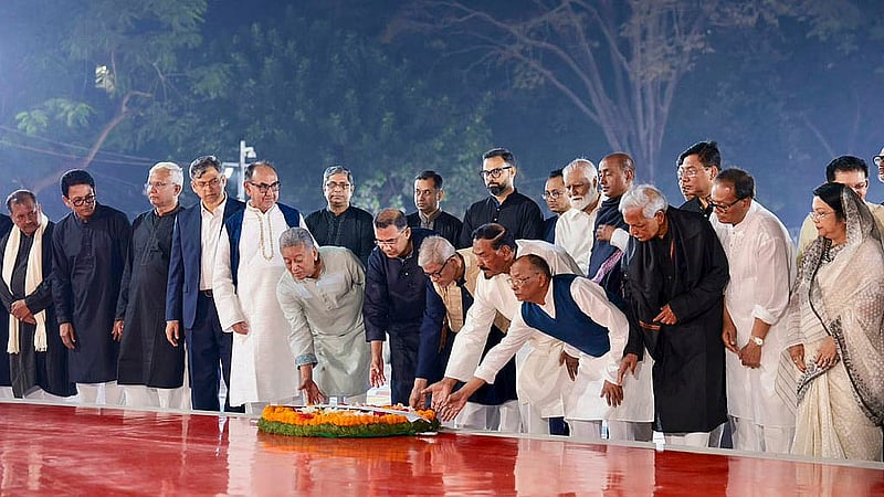 Prime Minister Tarique Rahman, accompanied by members of his cabinet, pays homage to the language martyrs at the Central Shaheed Minar in the first hours International Mother Language Day.
