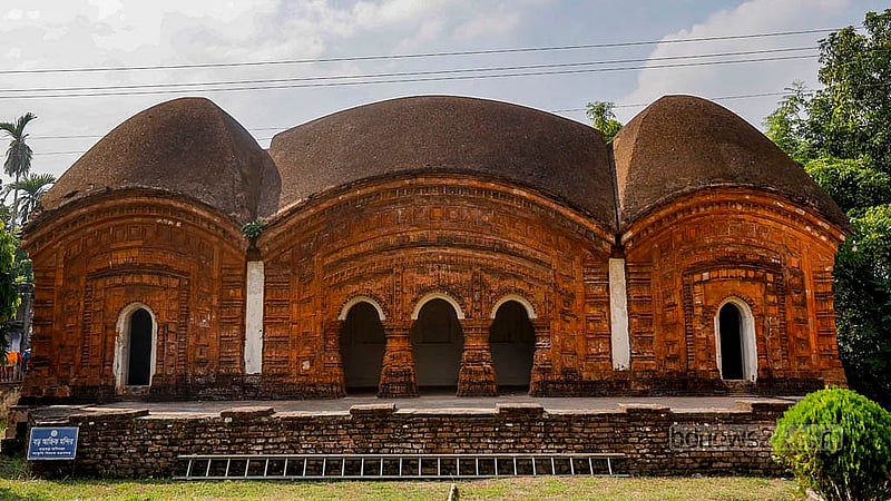 Boro Ahnik is one of the three temples of Charani Rajbari in Rajshahi’s Puthia. The terracotta designs on the building are slowly being lost as little maintenance is done on the structure. Photo: Mahmud Zaman Ovi