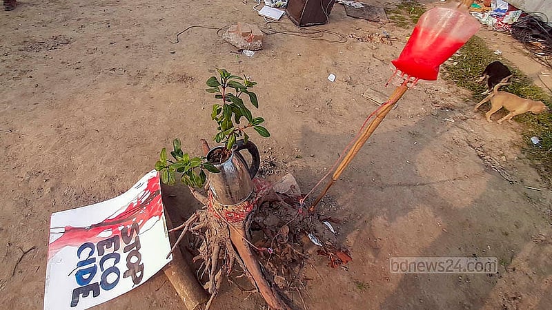 Protesters gathering around various festoons placed near the felled trees in Panthokunjo Park, demanding the protection of the park and Hatirjheel in Karwan Bazar, Dhaka. Photo: Abdullah al Momin