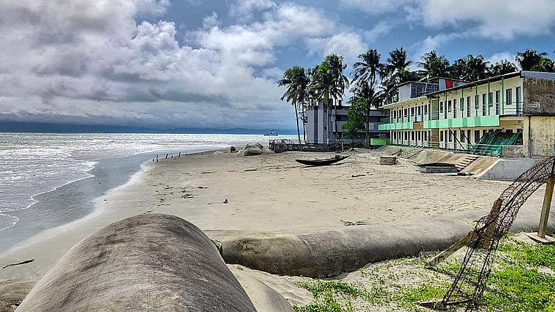 Sand-filled GI sacks have been laid down along the beach on St Martin’s Island to protect it from the ocean waves.