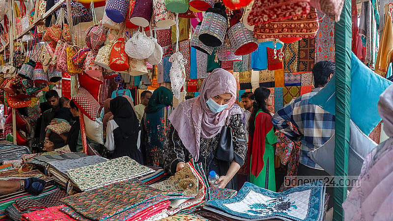 An Indian stall displaying ready-made garments and bags at the Dhaka International Trade Fair draws visitors on the Friday, Jan 30, 2026 holiday. Photo: Mahmud Zaman Ovi