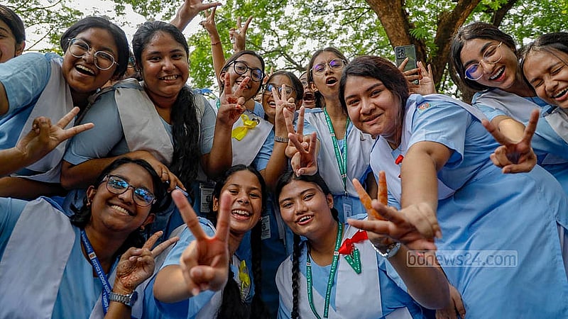 Students of Viqarunnisa Noon School and College show the ‘V’ sign as they celebrate SSC results on Sunday, May 12, 2024.