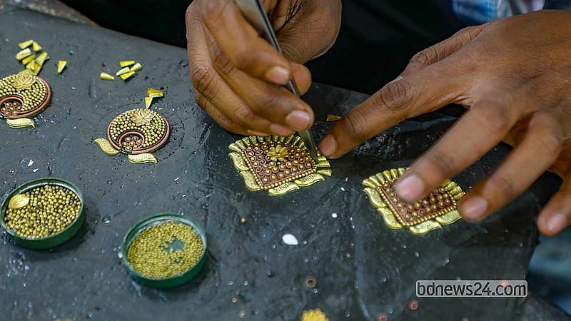 Artisans make jewellery worth Tk 30 to thousands in Savar’s Bhakurta, depending on the design and size. Photo: Abdullah Al Momin