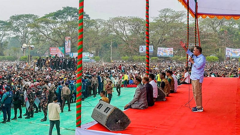 BNP Chairman Tarique Rahman addresses the BNP election rally at Bell’s Park field in Barishal on Wednesday, Feb 4, 2026. Photo:BNP Media cell