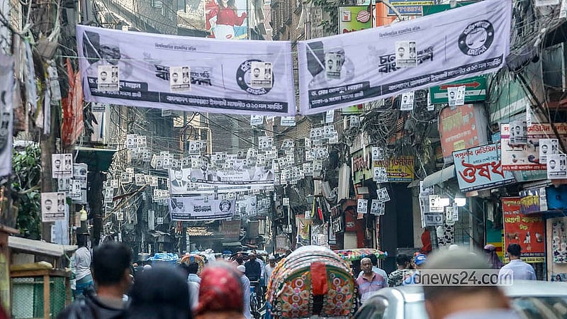 Kazi Alauddin Road in Old Dhaka is choked with candidates’ campaign banners and festoons. The Election Commission had instructed that all campaign materials be removed within 48 hours of the results being announced. Photo: Abdullah al Momin