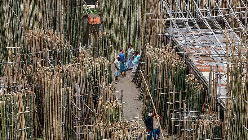 Bamboo is sold at prices ranging from Tk 50 to Tk 500 at the market along the riverbank in the Tarabo area of Narayanganj.Photo: Mahmud Zaman Ovi