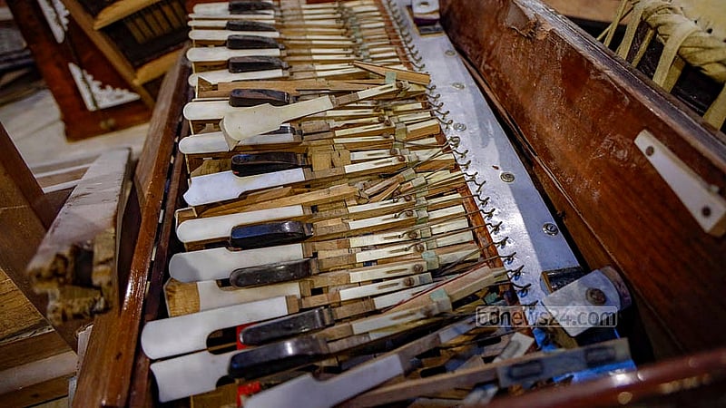 Destroyed musical instruments have been placed near the entrance inside Chhayanaut following the attack on Dec 18, 2025. Photo: Mahmud Zaman Ovi