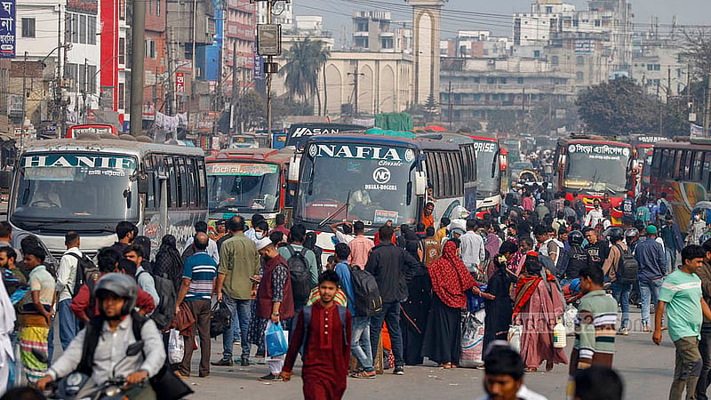 People of all ages wait for buses at the Gabtoli Bus Terminal on Tuesday, Feb 10, 2026, as many are leaving Dhaka for the four-day break around the national election. Photo: Mahmud Zaman Ovi