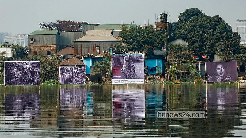 A view of photographer Parvez Ahmed Rony’s floating photography exhibition at Korail Lake, marking Felani Day and protesting border killings. Photo: Abdullah Al Momin