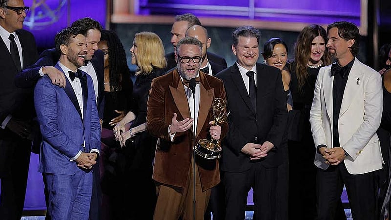 Seth Rogen accepts the Outstanding Comedy Series award for &amp;quot;The Studio&amp;quot; at the 77th Primetime Emmy Awards in Los Angeles, California, US, Sept 14, 2025. REUTERS/Mike Blake