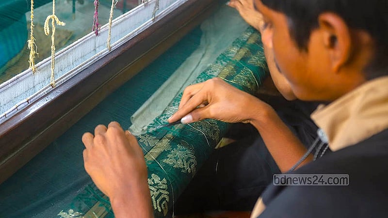 Weavers are engrossed in weaving Jamdani saris in Narayanganj's Rupganj. It takes three days to two months to complete the weaving of a sari based on its design and quality. Photo: Abdullah al Momin
