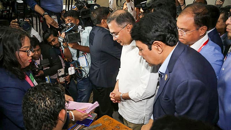 Tarique Rahman casts his ballot at the Gulshan Model High School and College polling centre on Thursday, Feb 12, 2026. Photo: BNP Media Cell