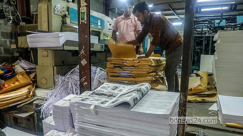 Workers at printing presses in Dhaka’s Fakirapul area are passing busy hours printing leaflets for candidates in the 13th parliamentary election. Photo: Abdullah Al Momin