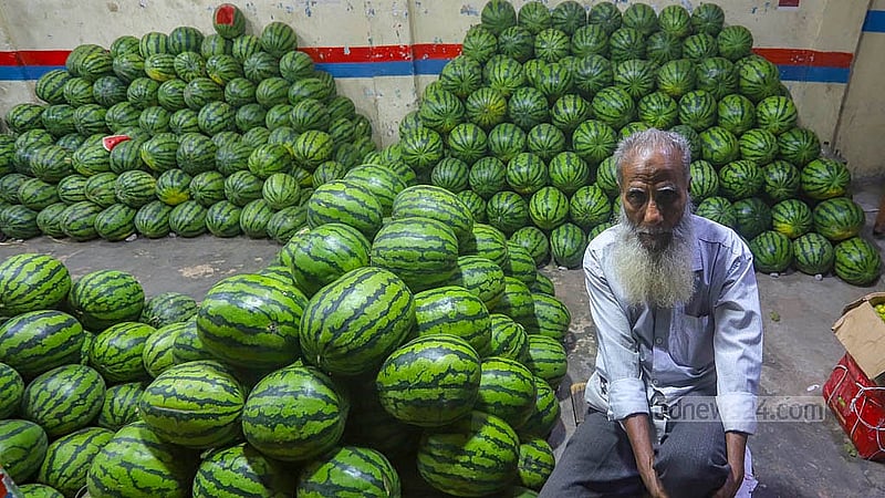 Freshly harvested watermelons from Sylhet are unloaded at Badamtoli Ghat, a major wholesale fruit hub in Dhaka. Prices vary widely, with bulk sales ranging from Tk 2,000 to Tk 35,000 per hundred. Photo: Abdullah Al Momin