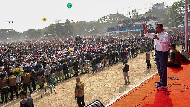 BNP Chairman Tarique Rahman attends a campaign rally at Chattogram’s Polo Ground on Sunday, Jan 25, 2026. Photo: BNP Media Cell