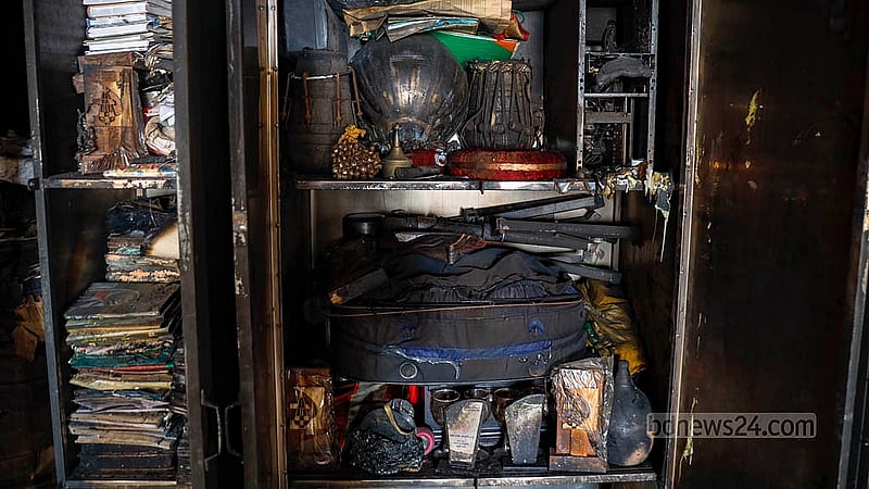 Cultural items burnt in the attack and arson on the second floor of the central office of Udichi Shilpigosthi are on public display on Tuesday, Jan 13, 2026. Photo: Mahmud Zaman Ovi