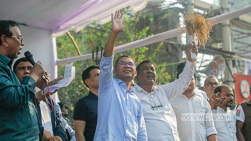On the first day of the election campaign, BNP Chairman Tarique Rahman waves to supporters at a rally at Dhaka’s ECB Chattar on Sunday, Feb 8, 2026. Photo: Abdullah Al Momin