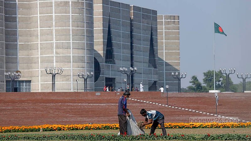 The South Plaza of parliament has been adorned with blooming flowers as part of the preparations for the first-ever cabinet oath to be held at the venue. Photo: Mahmud Zaman Ovi