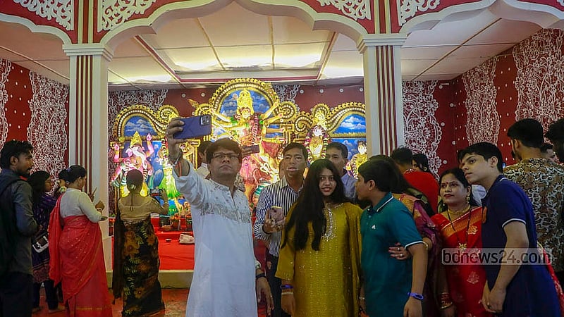 Hindu devotees gather in front of the idol of Goddess Durga at Ramna’s Kali Temple for Saptami rituals on the occasion of Durga Puja on Thursday Oct 10, 2024.